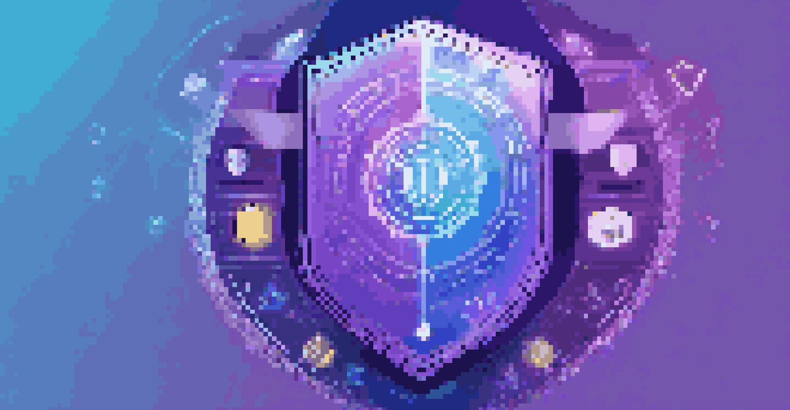 An abstract digital shield representing intellectual property rights, surrounded by icons like a logo and a video. The background is a gradient of blue and purple.