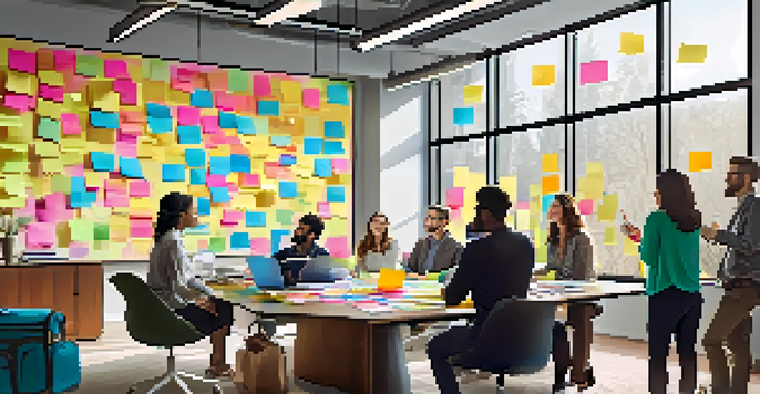 A diverse group of people brainstorming in a well-lit modern office, surrounded by sticky notes and laptops.