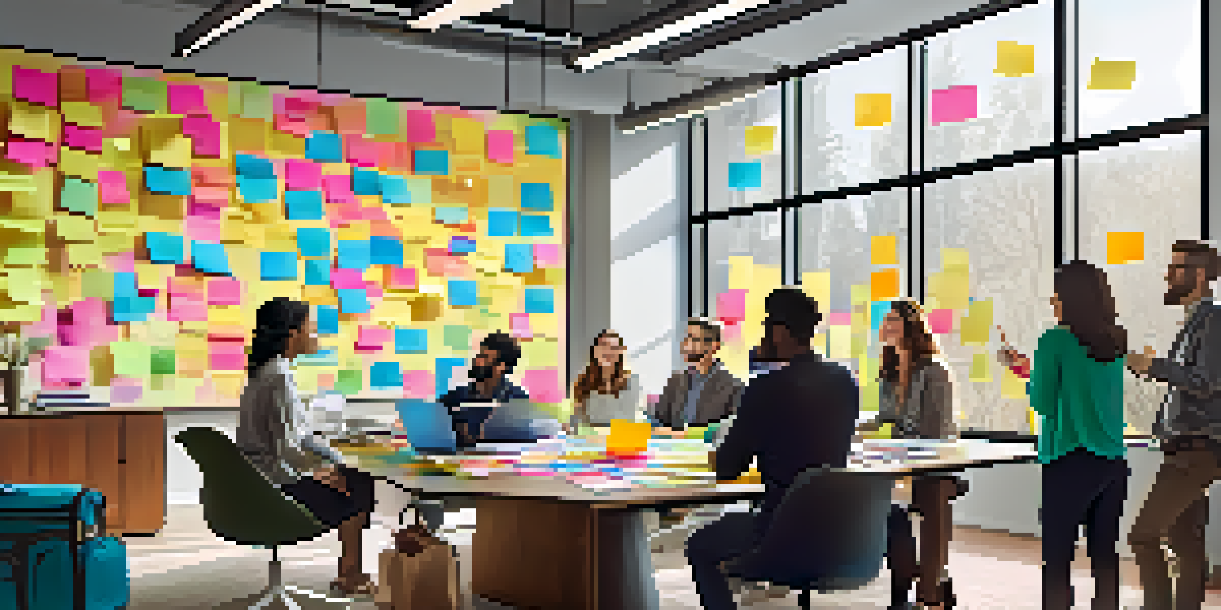 A diverse group of people brainstorming in a well-lit modern office, surrounded by sticky notes and laptops.