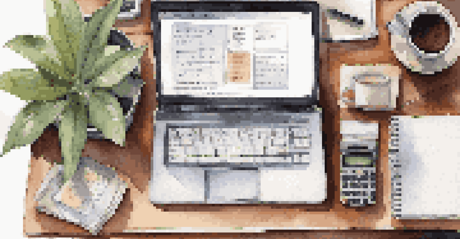 An organized workspace with a laptop, financial documents, and a coffee cup, bathed in natural light.