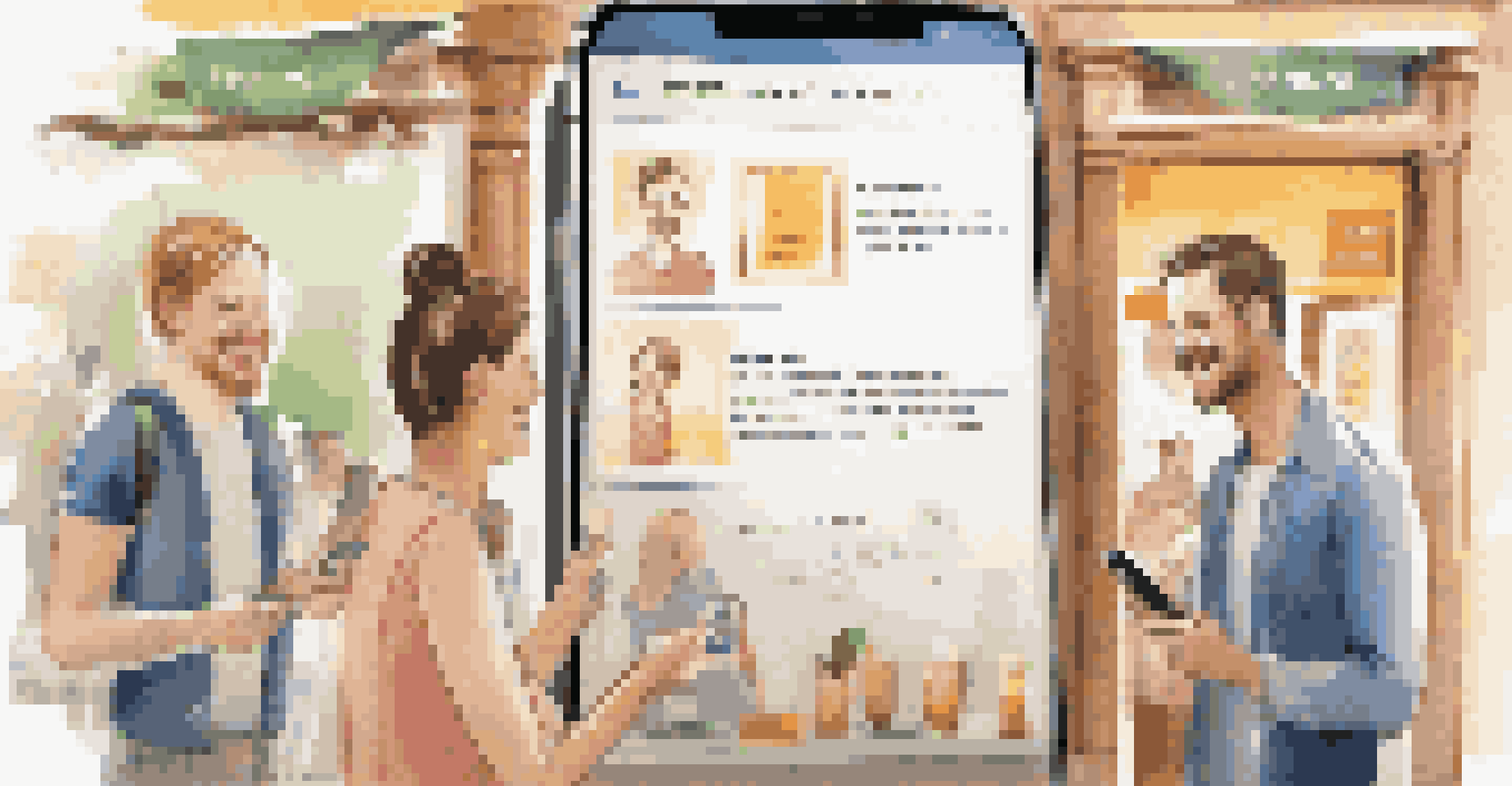A happy customer providing feedback on their smartphone in a lively cafe.