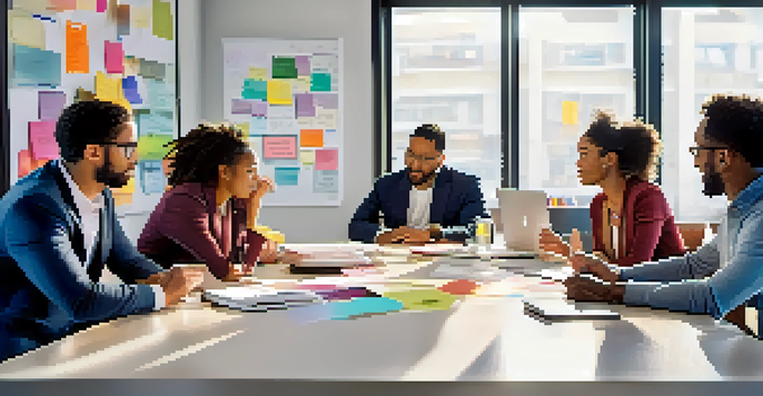 A diverse team of professionals discussing ideas around a round table, with natural light illuminating the room and a whiteboard in the background.