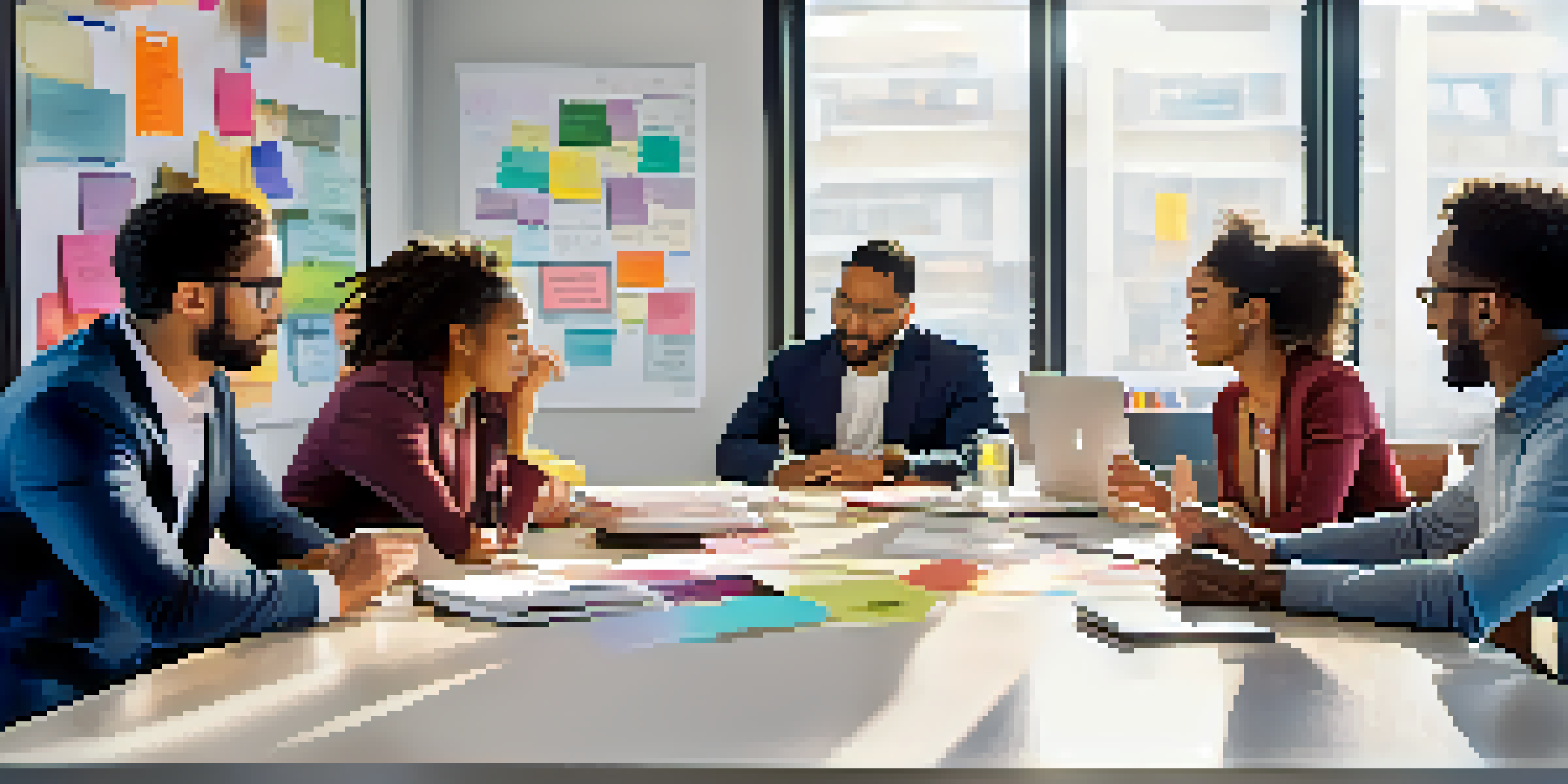 A diverse team of professionals discussing ideas around a round table, with natural light illuminating the room and a whiteboard in the background.