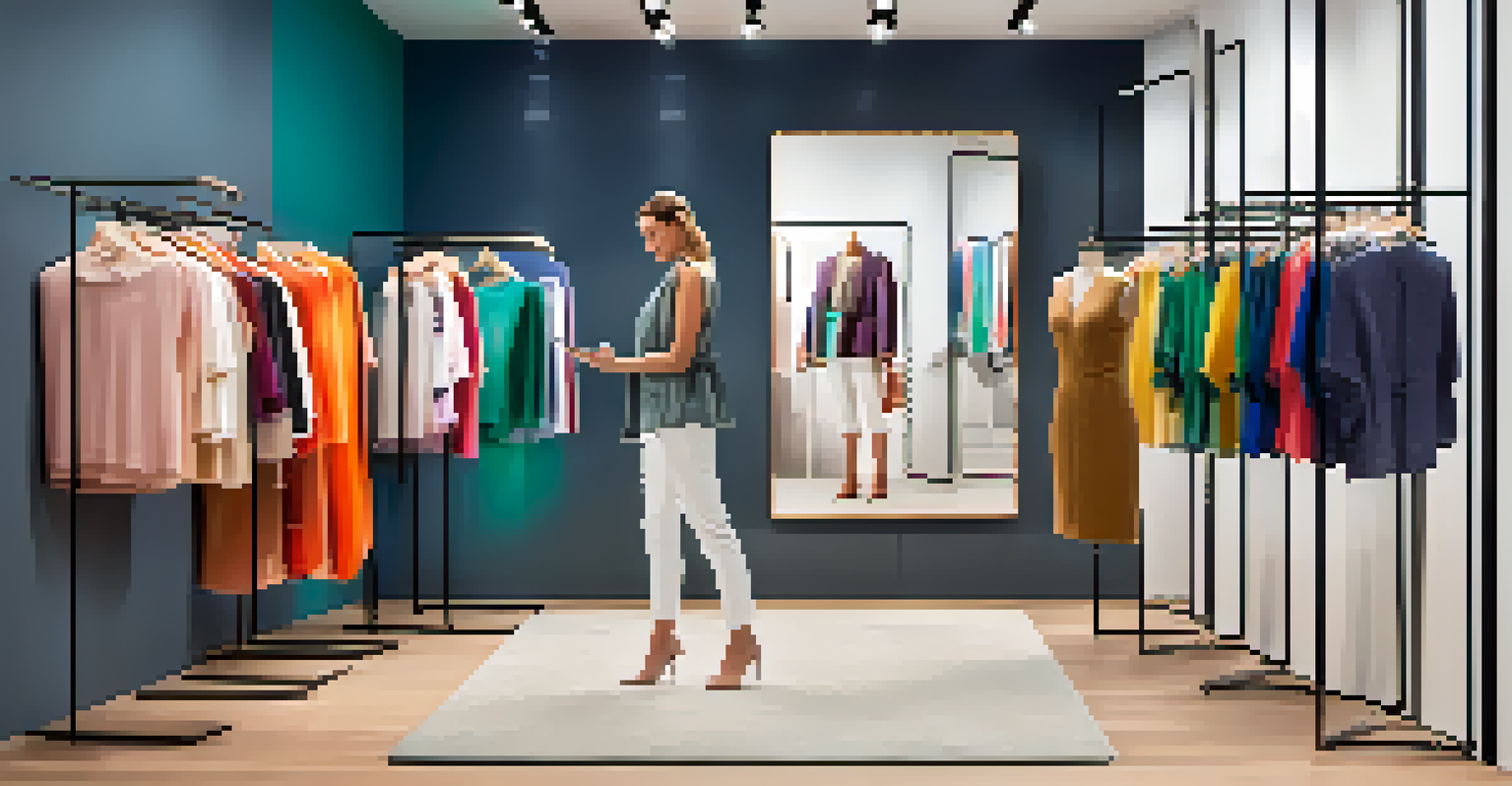 A shopper interacting with a tablet to try on clothes virtually in a bright fitting room.