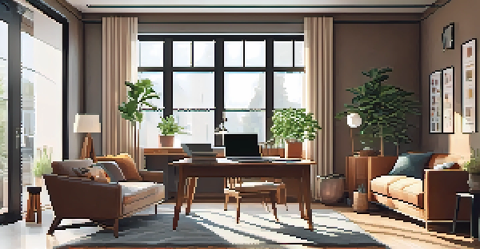 A bright and inviting modern office workspace with natural light, a desk with a laptop, potted plant, coffee mug, and a cozy seating area in the background.