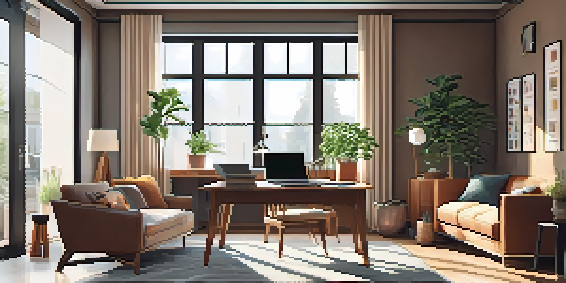 A bright and inviting modern office workspace with natural light, a desk with a laptop, potted plant, coffee mug, and a cozy seating area in the background.