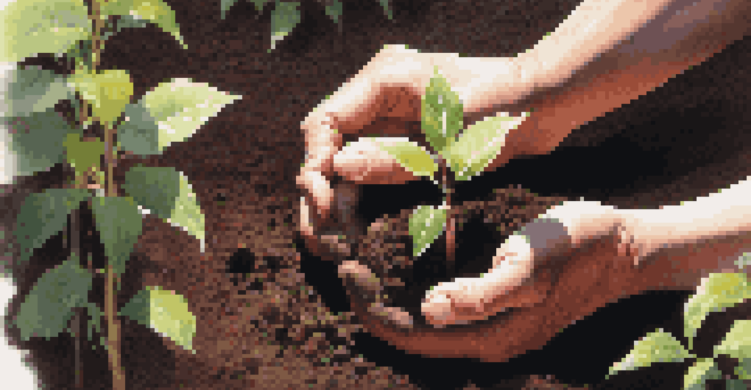 Close-up of hands planting a small sapling in dark soil, with sunlight illuminating the surrounding plants.