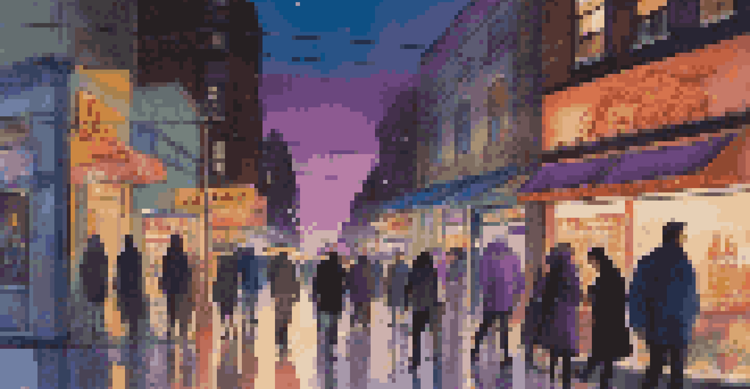 A lively city street at twilight with neon lights, diverse pedestrians, and reflections on wet pavement.