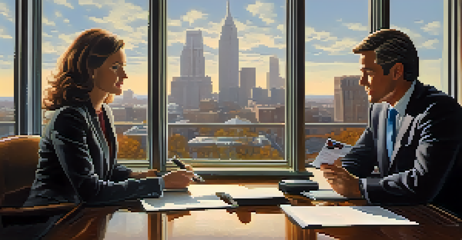 Two professionals discussing a franchise agreement in a meeting room with documents on the table and a cityscape view.