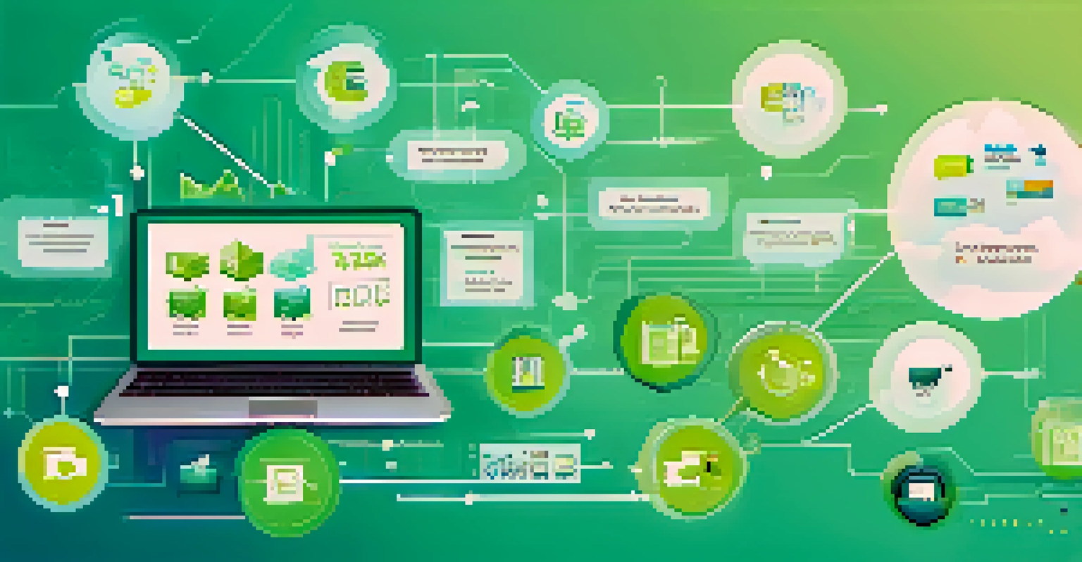 An infographic showing the flow of data in e-commerce with icons representing customers and analytics tools on a blue-green gradient background.