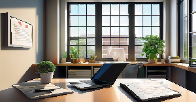 A bright and modern office workspace featuring a desk with a laptop, notepad, coffee, and a plant, with a bulletin board in the background displaying colorful notes.