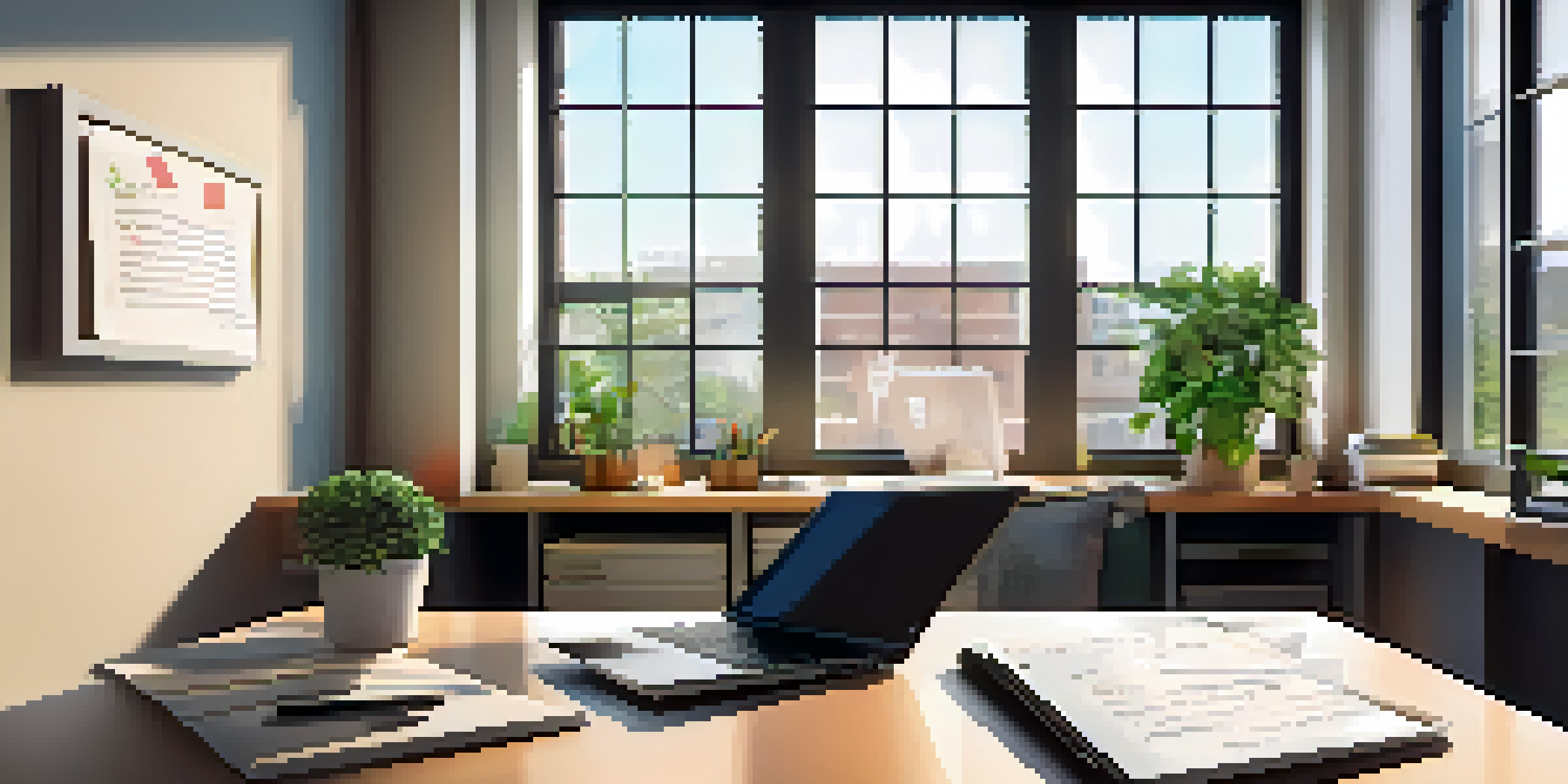 A bright and modern office workspace featuring a desk with a laptop, notepad, coffee, and a plant, with a bulletin board in the background displaying colorful notes.