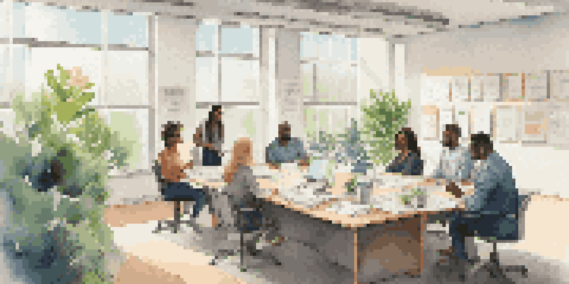 A diverse group of employees having a supportive discussion in a bright office, surrounded by plants and motivational posters.