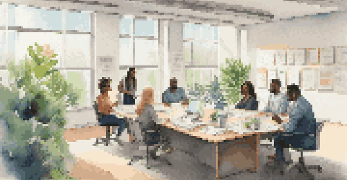 A diverse group of employees having a supportive discussion in a bright office, surrounded by plants and motivational posters.