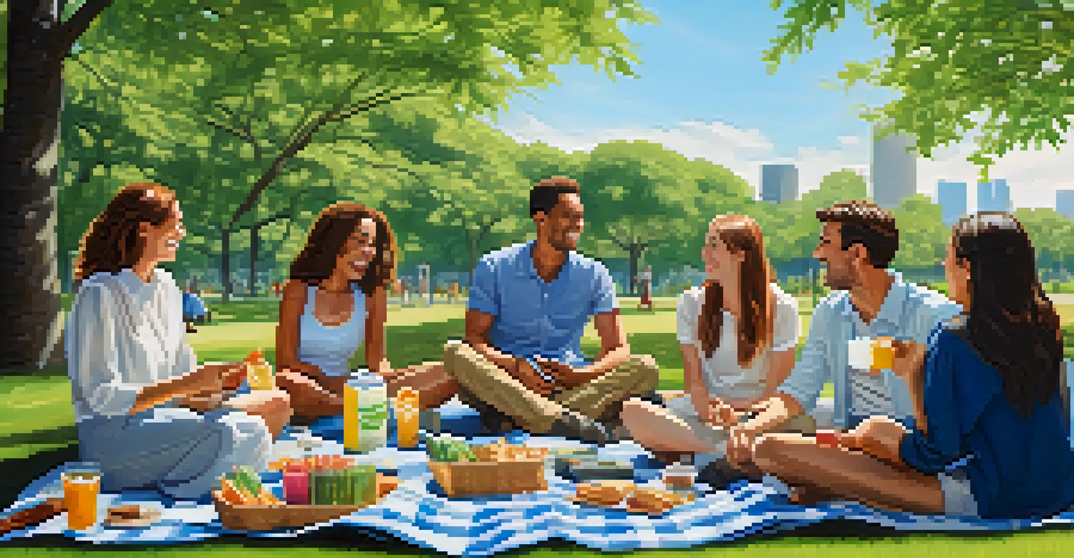 Colleagues enjoying a break in a park, sharing laughter and ideas in a serene outdoor setting.