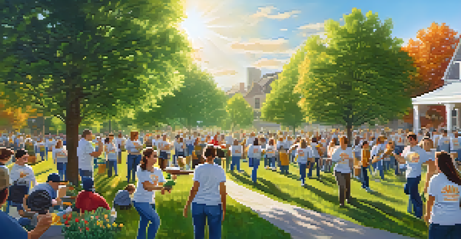 Employees in matching t-shirts participating in a community clean-up event at a sunny park, planting trees and picking up litter.