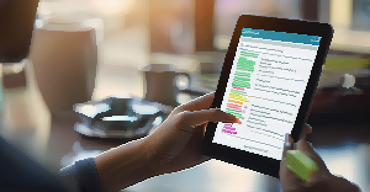 A close-up of a person using a tablet to fill out a survey, with coffee and notes in the foreground.