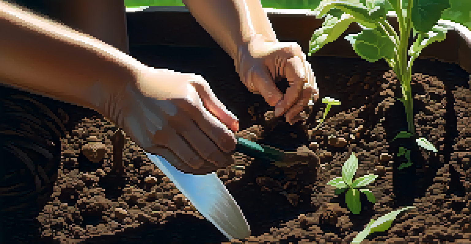 Close-up of hands planting a small tree in soil, surrounded by gardening tools.