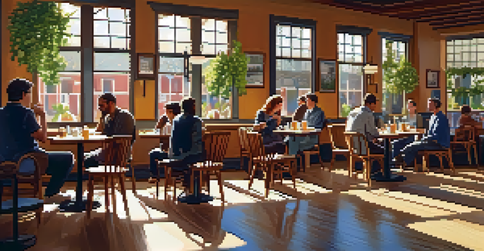 A warm and inviting coffee shop filled with customers enjoying their drinks and conversations, illuminated by sunlight streaming through large windows.