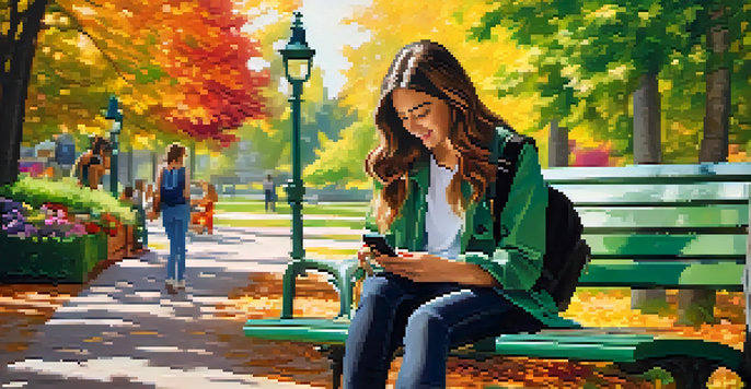 A young woman sitting on a park bench, using her smartphone, surrounded by greenery and flowers.