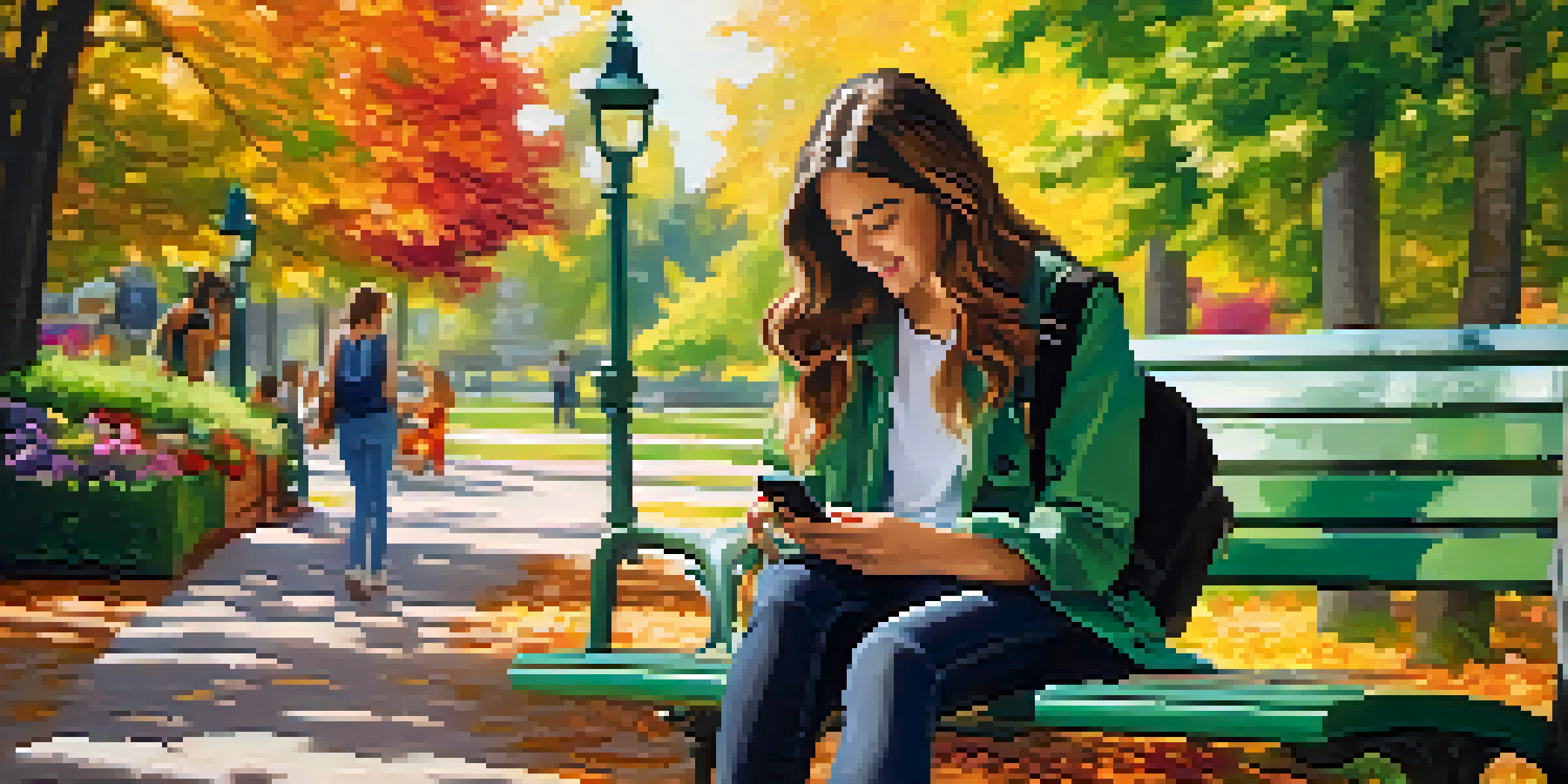 A young woman sitting on a park bench, using her smartphone, surrounded by greenery and flowers.