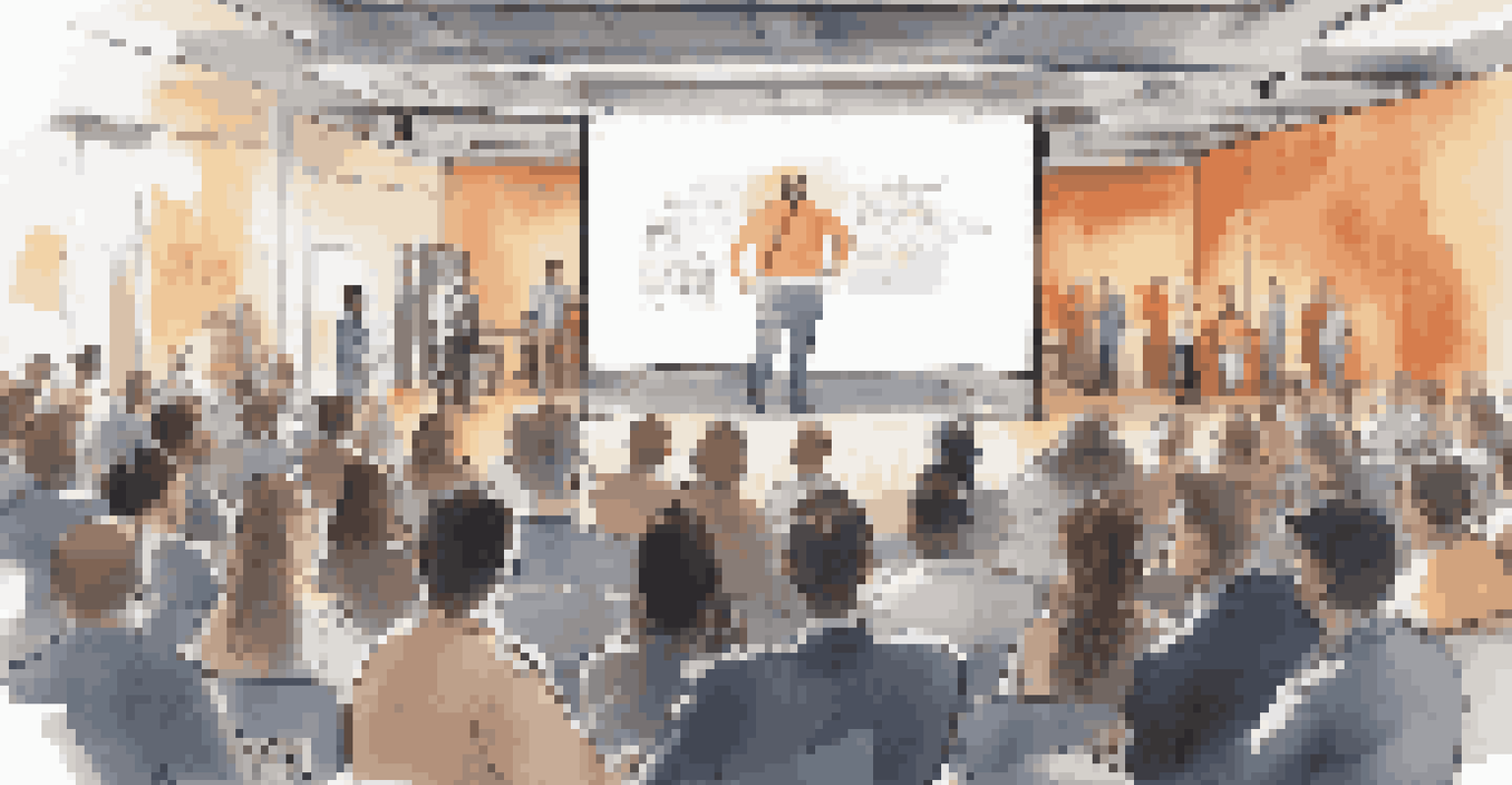 A startup founder presenting their business idea on stage during a demo day event, with an audience of investors watching intently.