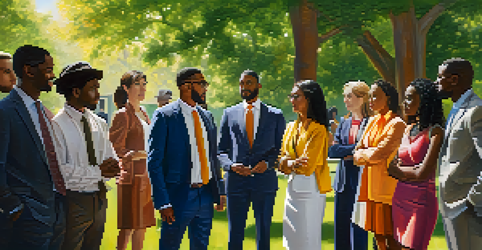 A diverse group of professionals standing in a circle outdoors, sharing ideas in a park setting.