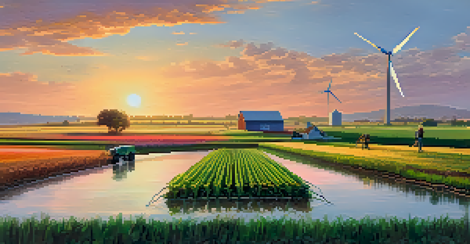 A peaceful sustainable farm at sunset with crops, a wind turbine, and farmers working together in the landscape.