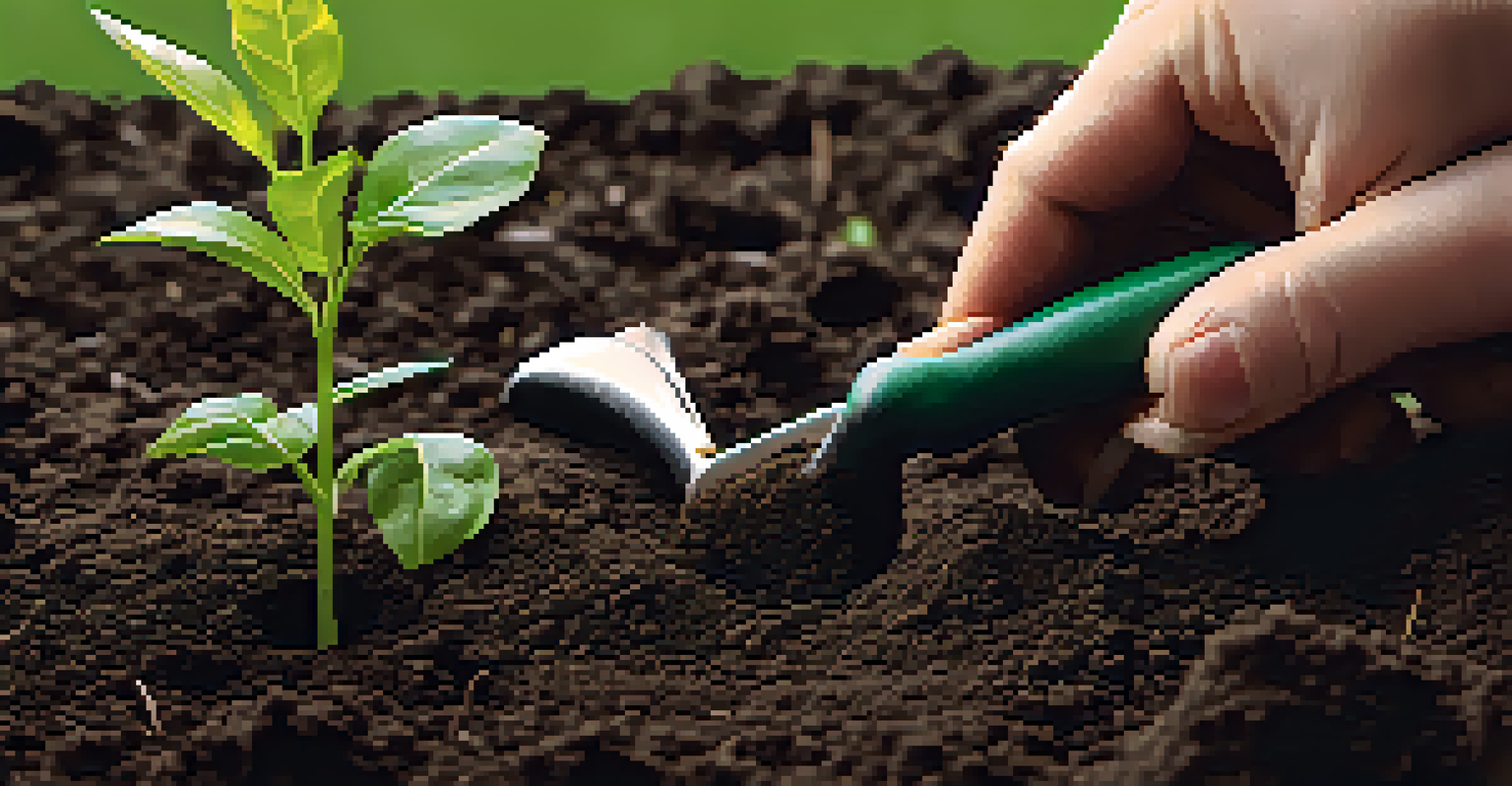 Hands planting a sapling in soil with gardening tools nearby, emphasizing sustainability.