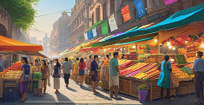A lively outdoor market scene with sellers displaying colorful products, banners, and digital screens, filled with shoppers exploring.