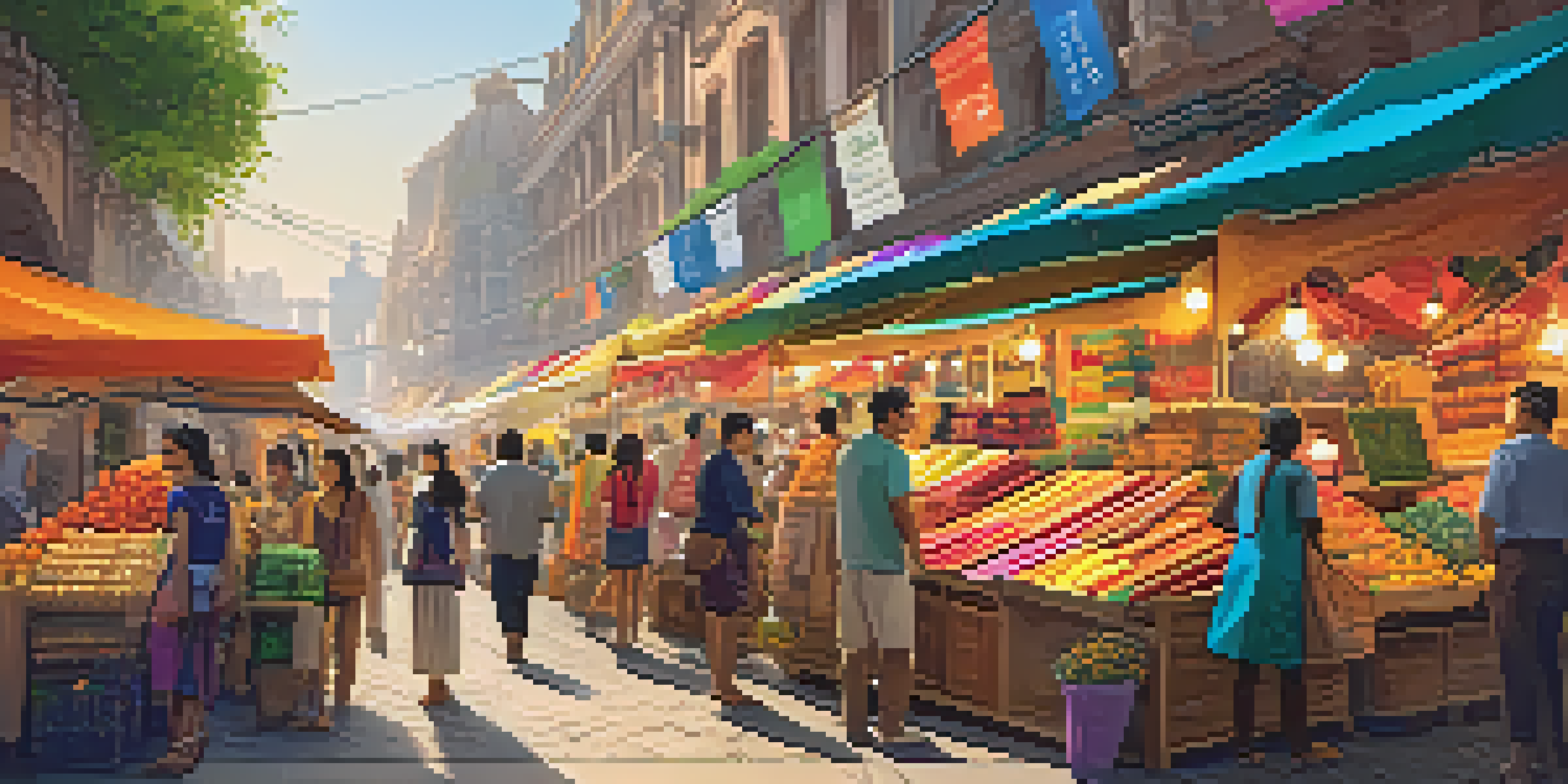 A lively outdoor market scene with sellers displaying colorful products, banners, and digital screens, filled with shoppers exploring.
