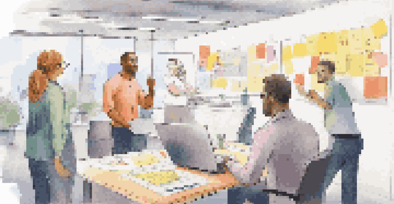 Diverse employees collaborating around a whiteboard in a vibrant office with charts and sticky notes, representing teamwork and creativity.