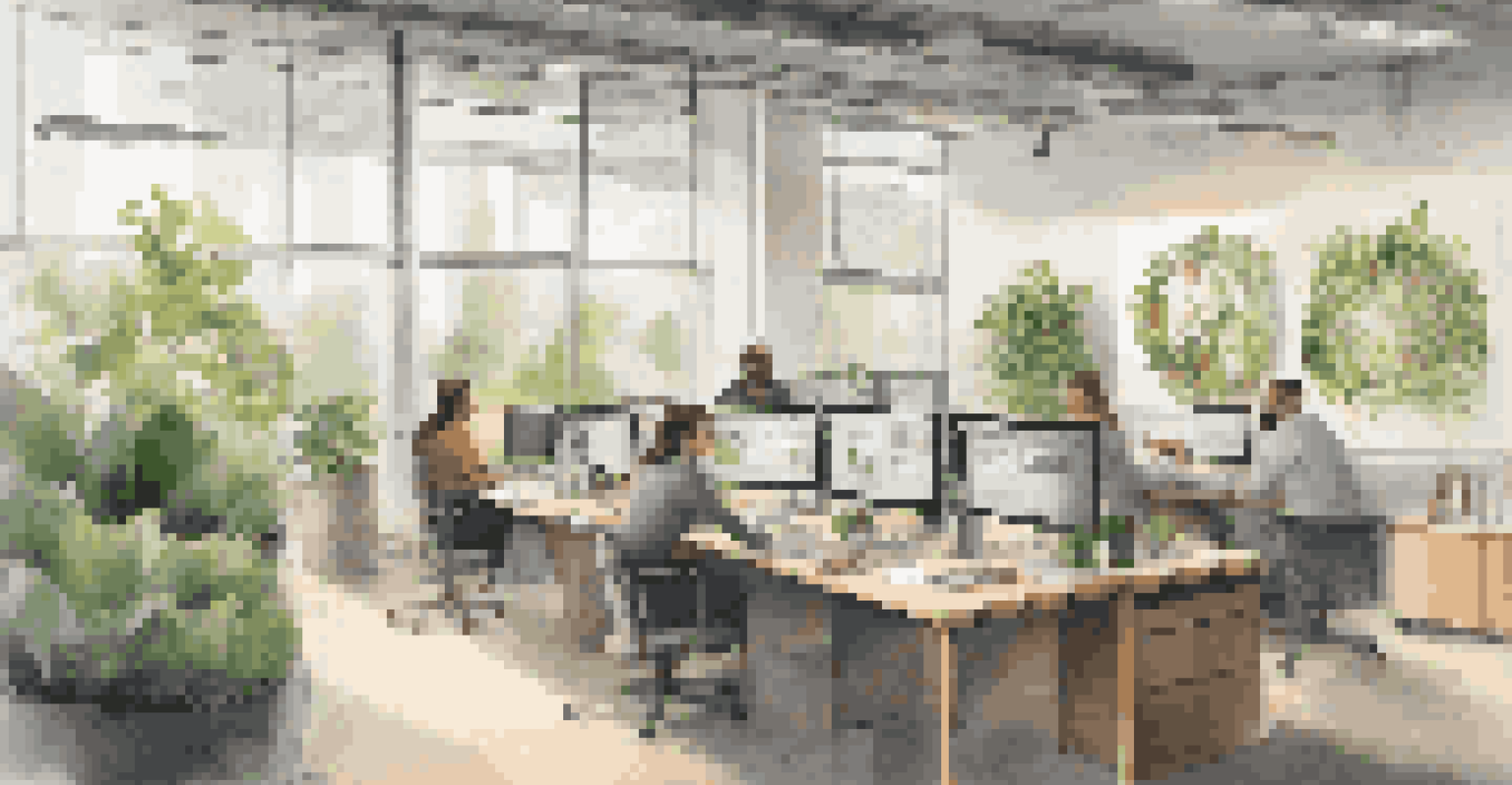 Employees collaborating in a sustainable office filled with plants and recycled materials, with digital screens showing sustainability metrics.