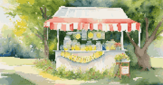 A cheerful lemonade stand in a sunny landscape with green trees and colorful banners.