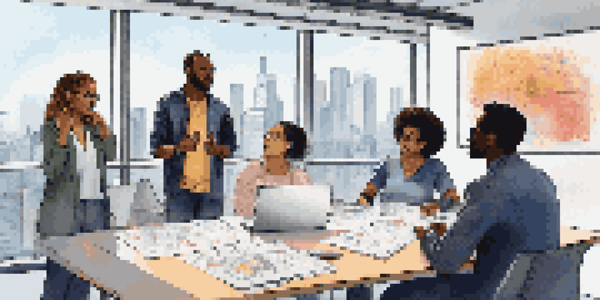A diverse group of professionals in a brainstorming session around a table with documents and digital devices, discussing ideas with a city skyline in the background.