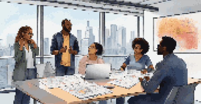 A diverse group of professionals in a brainstorming session around a table with documents and digital devices, discussing ideas with a city skyline in the background.