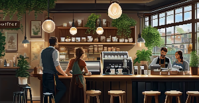 A cozy coffee shop scene with a barista making a latte, customers enjoying their drinks, and plants in the background.