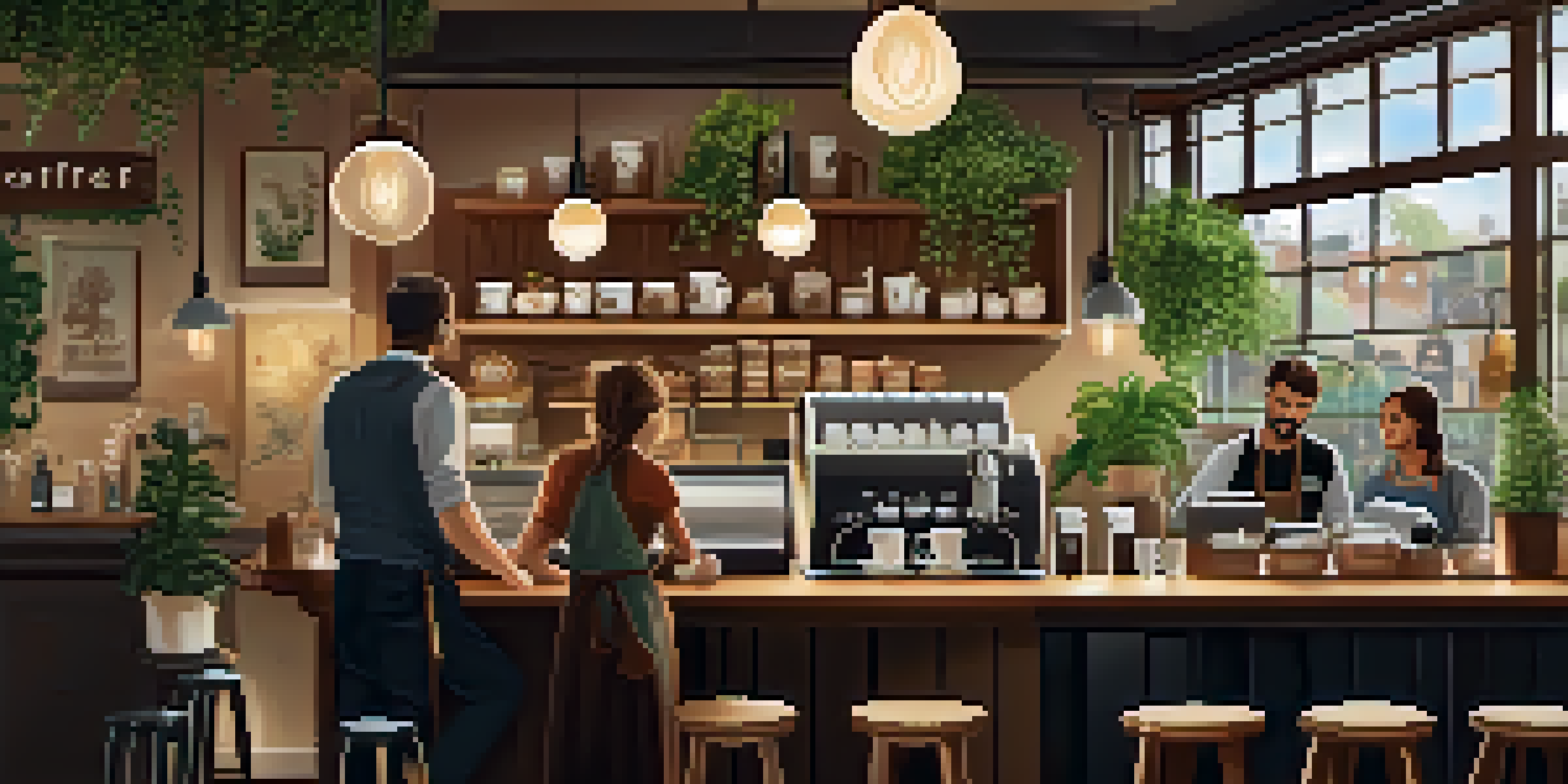 A cozy coffee shop scene with a barista making a latte, customers enjoying their drinks, and plants in the background.
