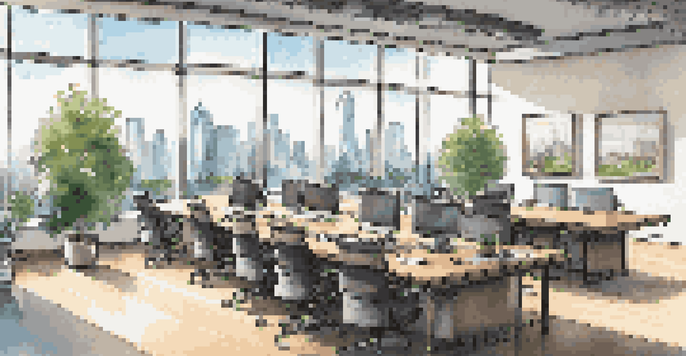 A bright modern office conference room with a wooden table, chairs, and a city skyline view through large windows.