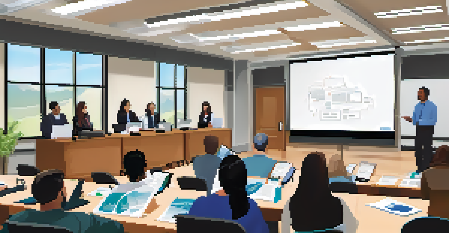 Employees participating in a crisis management training session with a projector in the background.