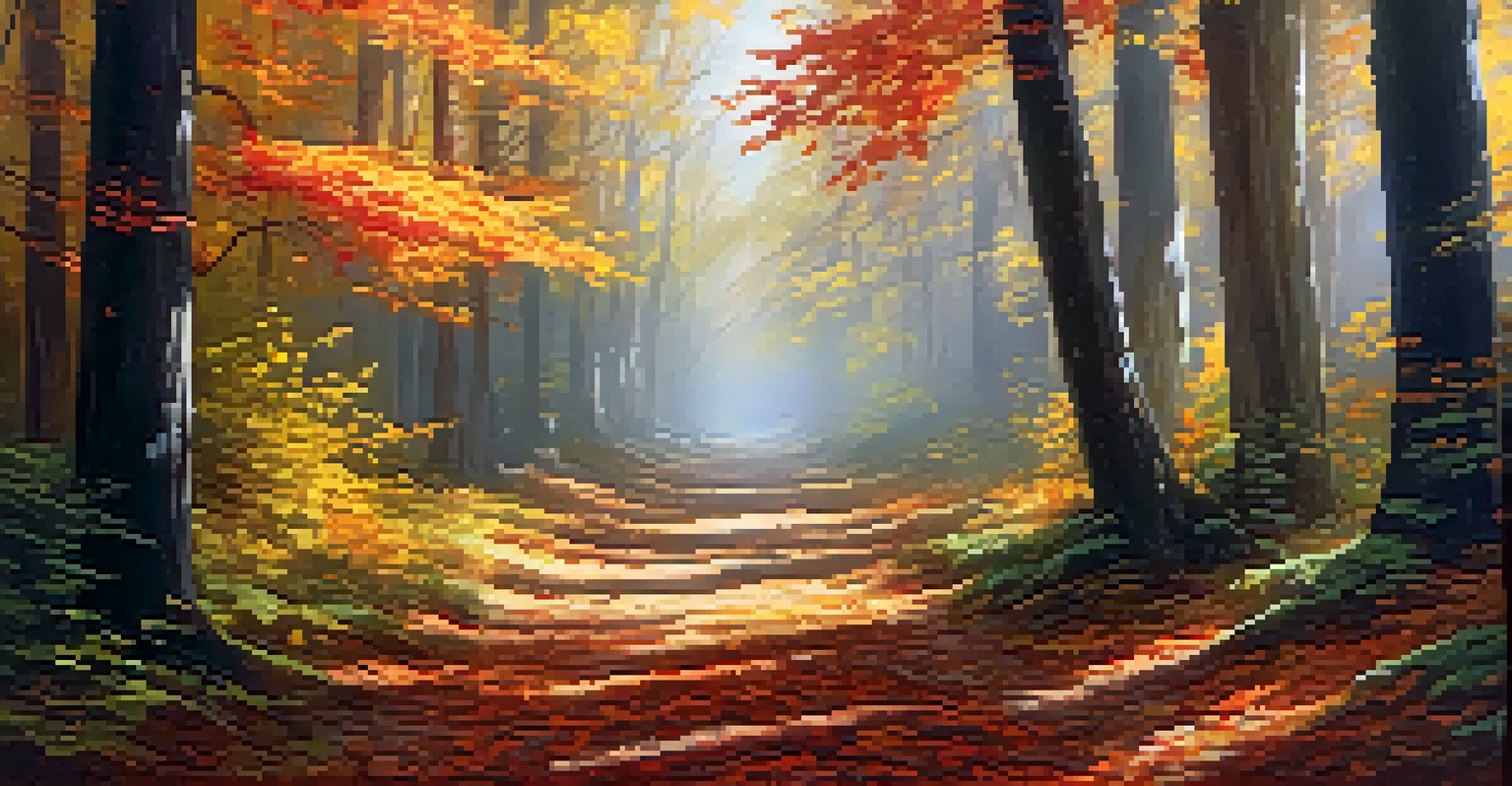 A peaceful autumn forest with colorful leaves, sunlight filtering through trees, and a winding path.
