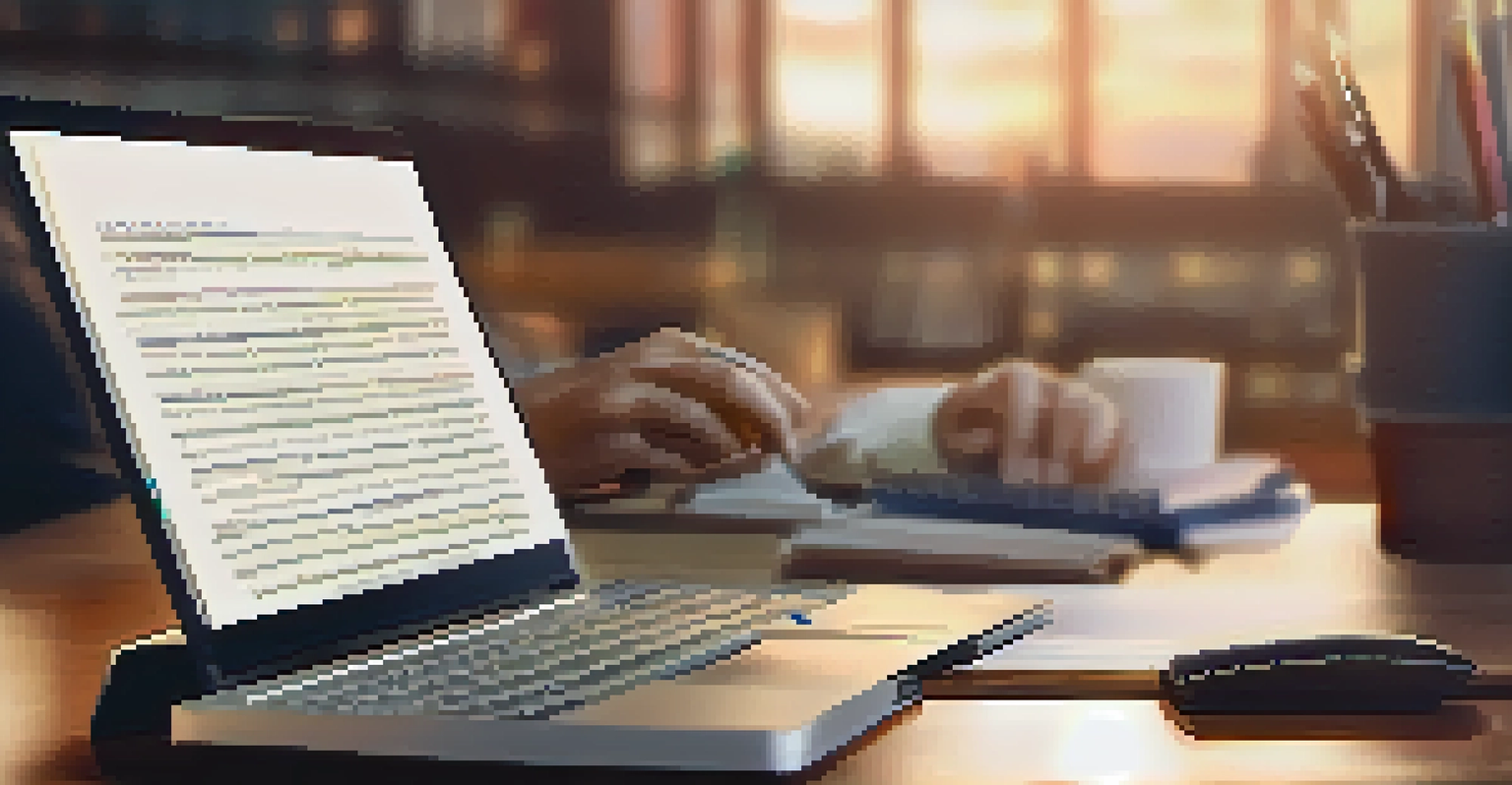 A close-up view of hands typing on a laptop with a notepad and pen, set in a softly lit office environment.