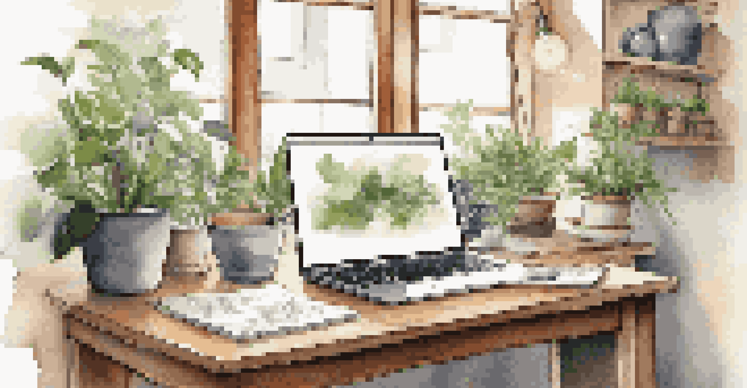 A cozy workspace featuring a laptop, a notebook, and a potted plant with natural light coming through a window.
