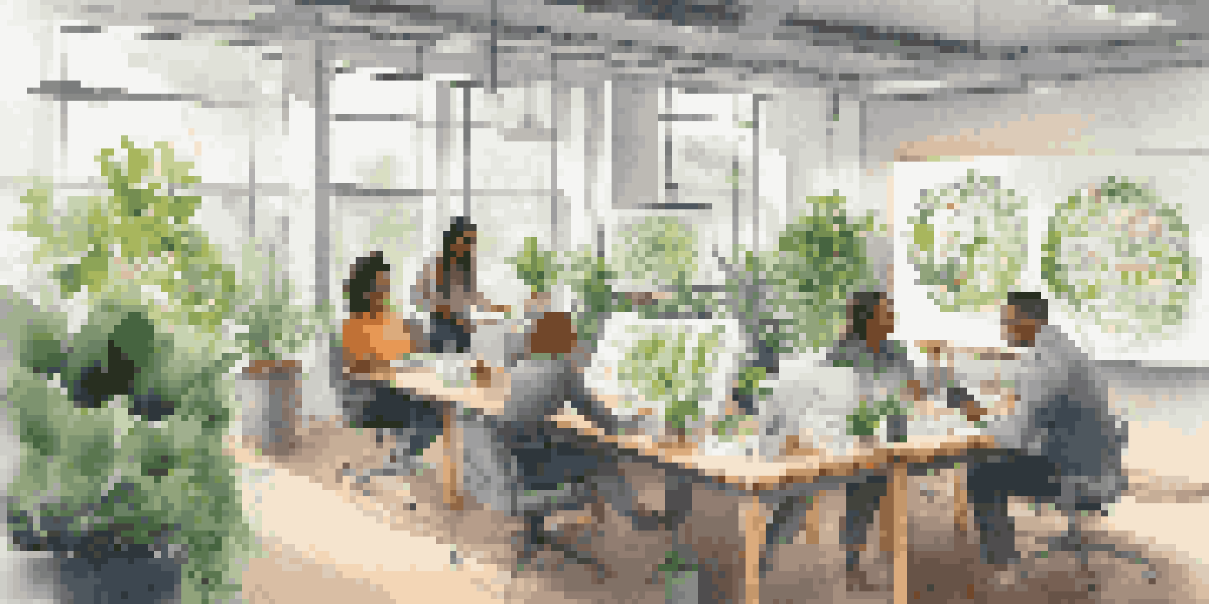 Employees of diverse backgrounds engaged in a sustainability workshop in a green office filled with plants and natural light.