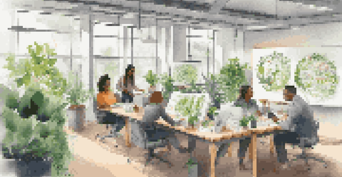 Employees of diverse backgrounds engaged in a sustainability workshop in a green office filled with plants and natural light.