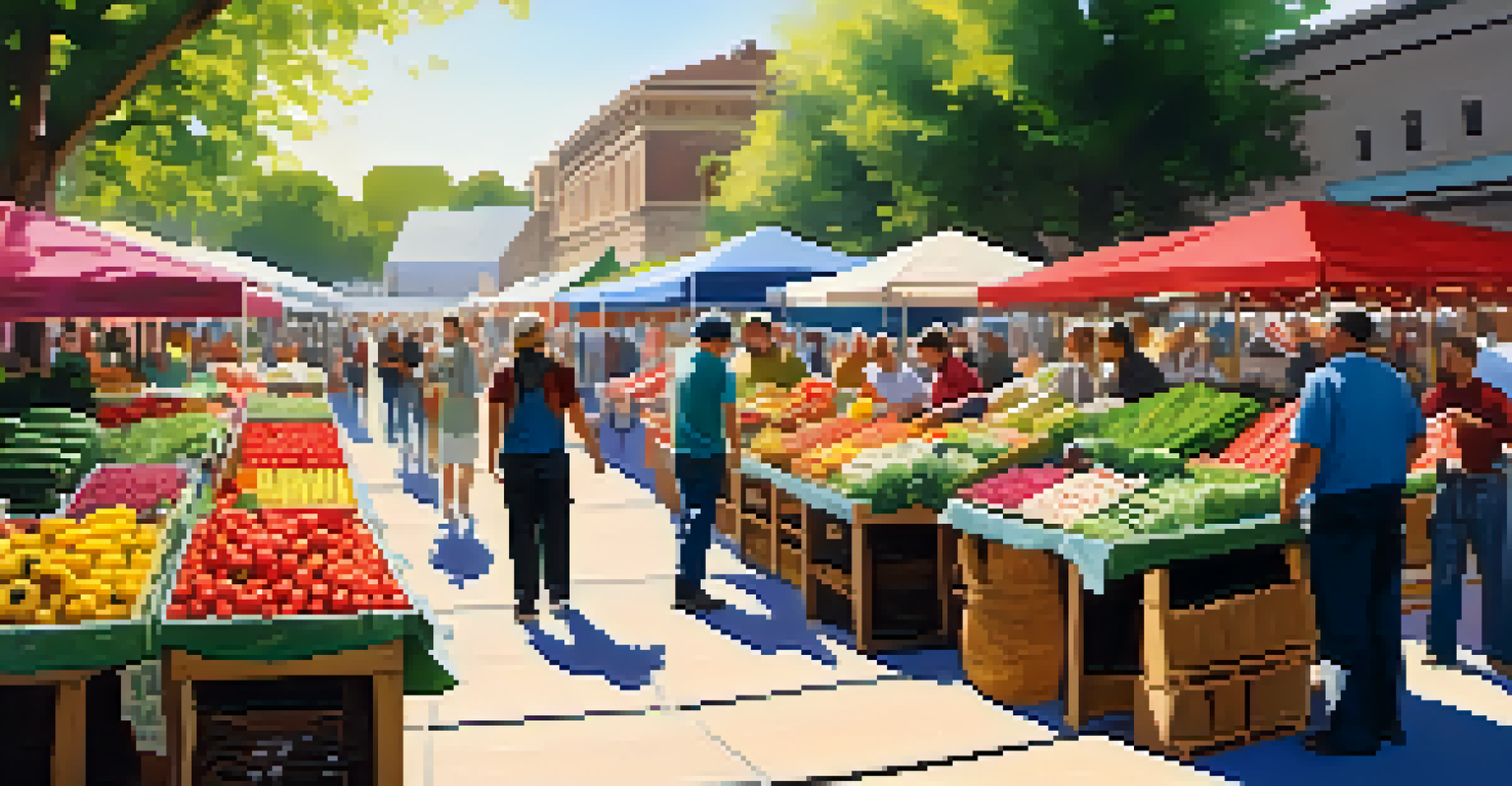 A bustling outdoor market with fresh produce and flowers, stall owners interacting with customers, and colorful banners promoting sustainability.