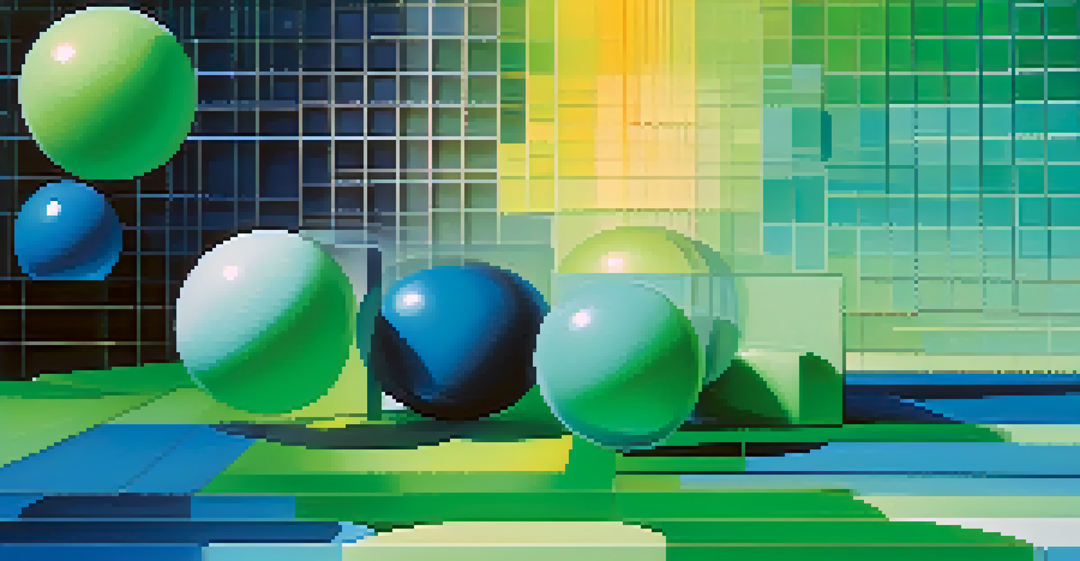An abstract image depicting data quality with floating geometric shapes on a gradient blue and green background.
