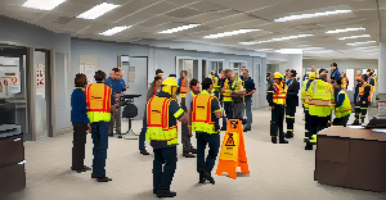 Employees conducting a mock disaster drill in an office, practicing evacuation procedures with safety vests and walkie-talkies.