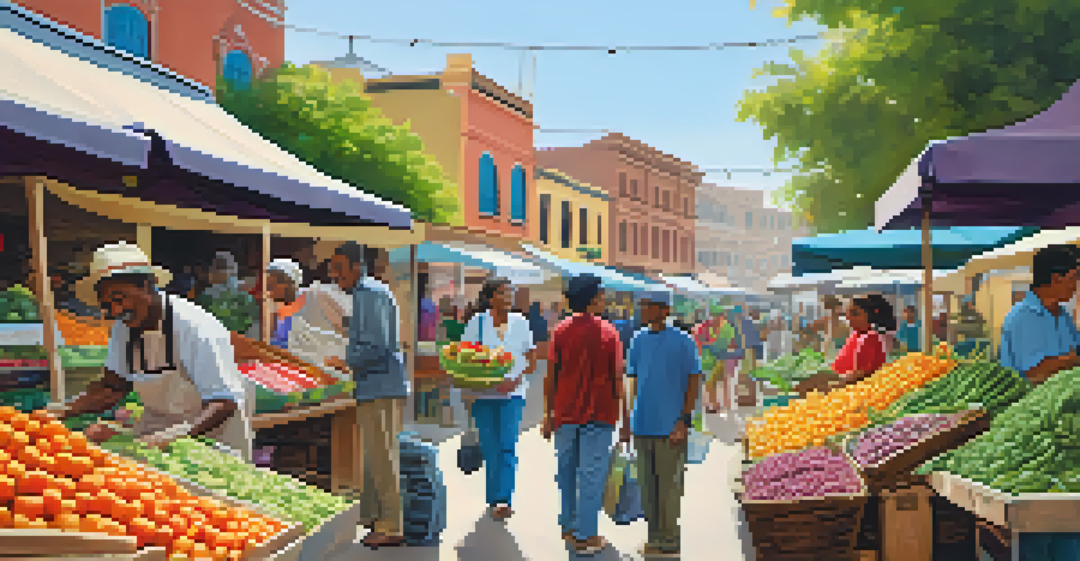 A lively marketplace with local vendors and diverse customers, emphasizing community support and fair trade.