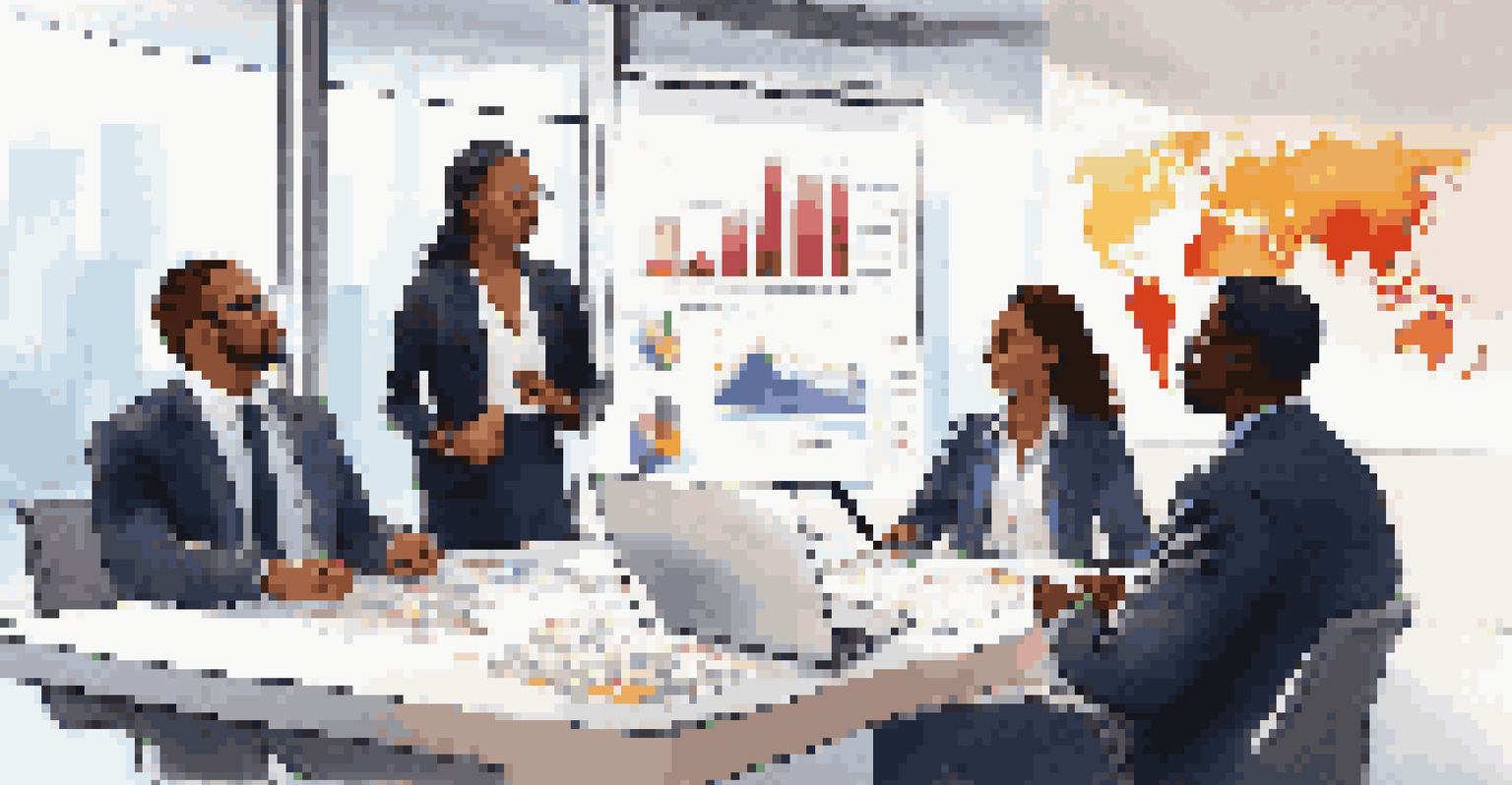 Diverse business professionals discussing financial data around a conference table with charts projected in the background, illuminated by sunlight.
